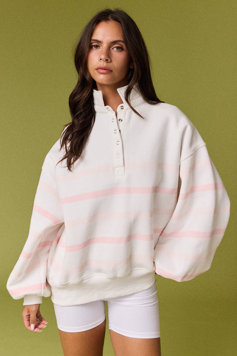 Pink Striped Button Sweatshirt