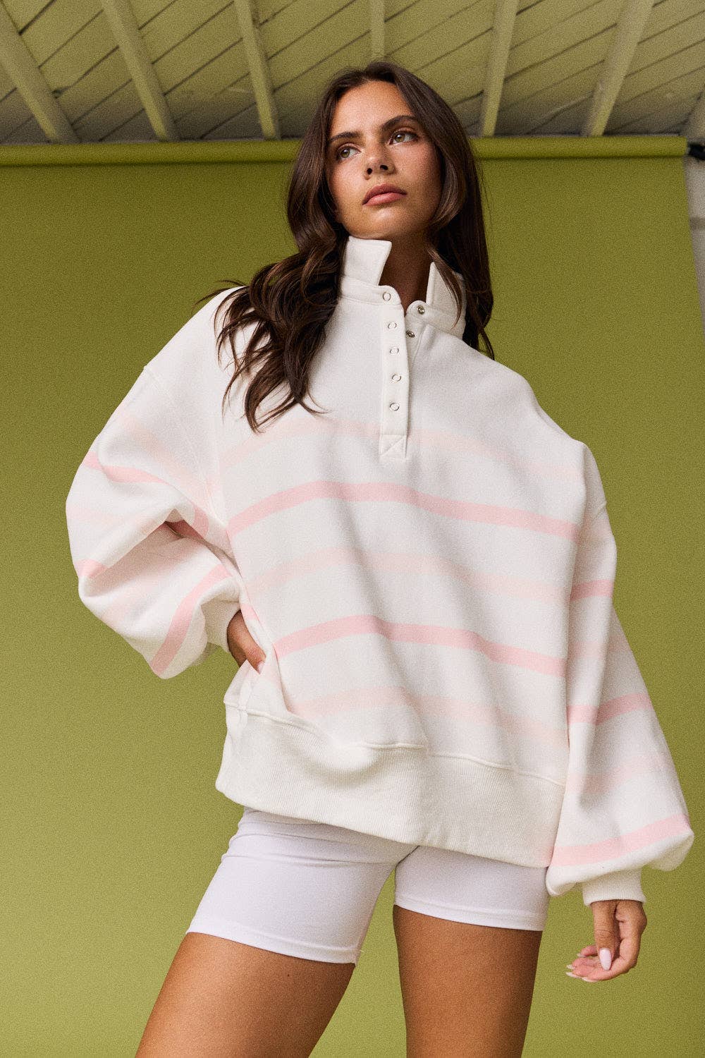 Pink Striped Button Sweatshirt